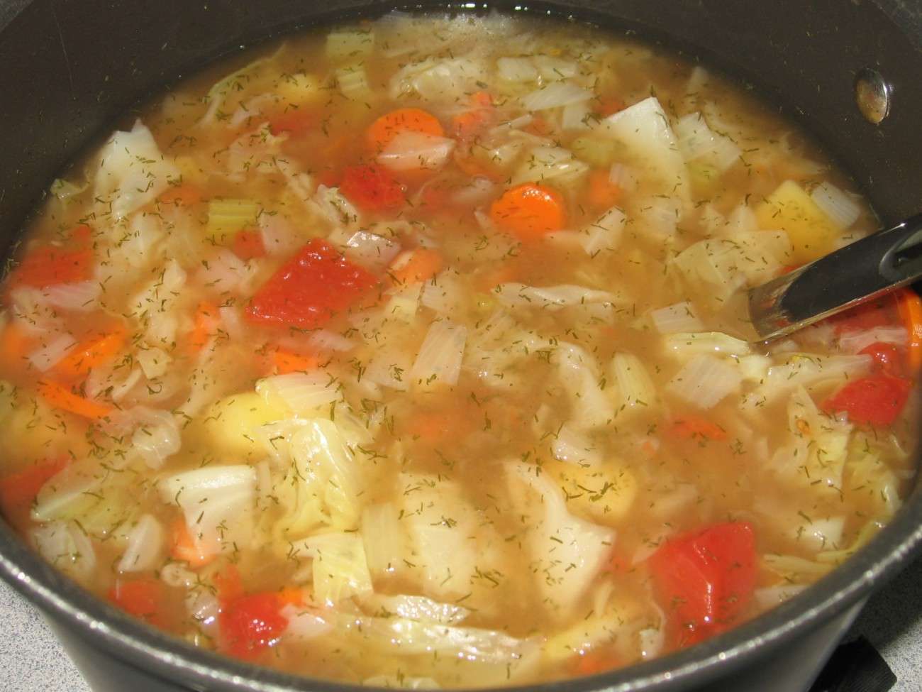 A pot filled with plant-based cabbage soup, featuring chopped cabbage, carrots, red bell peppers, and potatoes in a clear broth. A ladle is partially submerged in this vegan delight. The surface is sprinkled with herbs.