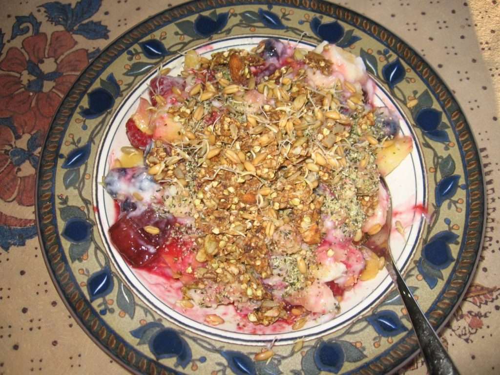 A bowl filled with a vibrant fruit salad topped with a generous mix of seeds and nuts. This plant-based dish features bananas, strawberries, and blueberries, all draped in creamy yogurt dressing. Its elegantly presented on a decorative blue and beige plate.