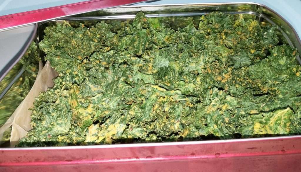 A metal container filled with crispy green kale chips, perfect for a plant-based snack. The lid is partially open, revealing the textured surface of the seasoned kale chips. The container has a pink rim and a reflective interior.
