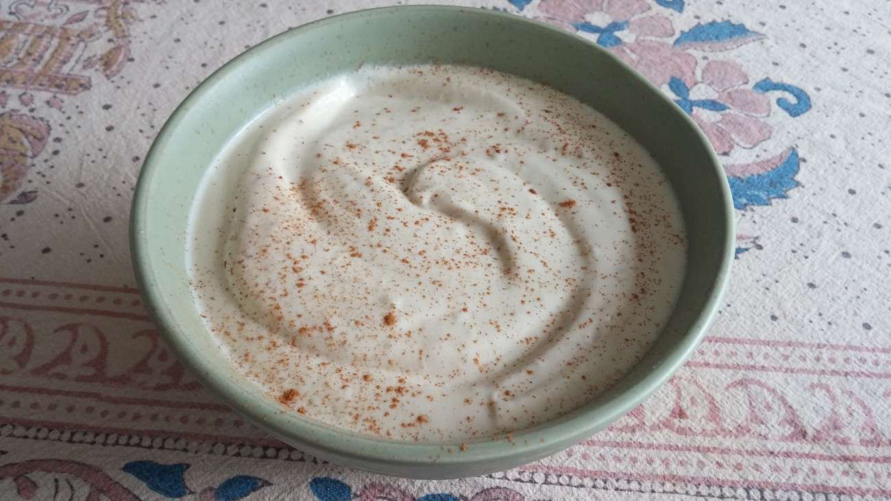 A green bowl filled with creamy yogurt, sprinkled with cinnamon, sits on a patterned tablecloth adorned with floral and decorative designs. This delightful treat is perfect for a vegetarian dietitian seeking a delicious, plant-based snack.