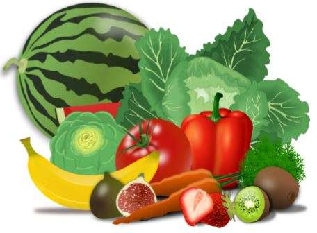 A colorful assortment of plant-based fruits and vegetables, including a watermelon, bananas, kiwi, strawberries, figs, a tomato, a red bell pepper, lettuce, an artichoke, and carrots—perfect for any vegan dietitians recommendation.