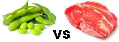 Edamame pods and beans on the left, a raw steak on the right, with VS in bold black text at the center, highlighting the comparison between plant-based and meat protein sources.