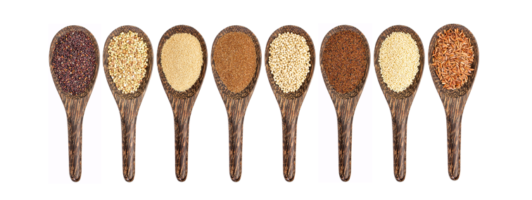 Seven wooden spoons filled with different types of grains and seeds, including quinoa and rice, are lined up against a white background, showcasing the variety of plant-based options favored by dietitians for vegetarian meals.