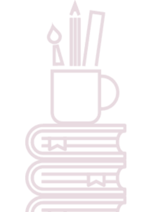 A minimalist line drawing of a stack of three books, each with a bookmark, is depicted. Atop the books rests a mug filled with writing utensils and sprouting plant-based accents, all elegantly rendered in a soft, light pink hue.