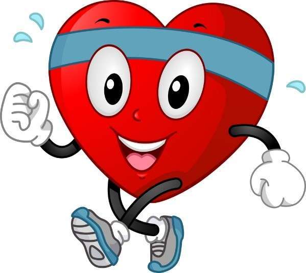 A cartoon heart character with a blue headband and white gloves is happily jogging, fueled by its vegan lifestyle. It has large eyes, a wide smile, and wears blue sneakers. Tiny sweat droplets surround its head, indicating healthy exertion.