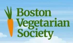 The logo of the Boston Vegetarian Society features a stylized carrot with green leaves alongside the organizations name. This vegan-friendly design sits against a light blue sky with clouds, highlighting its commitment to plant-based living.