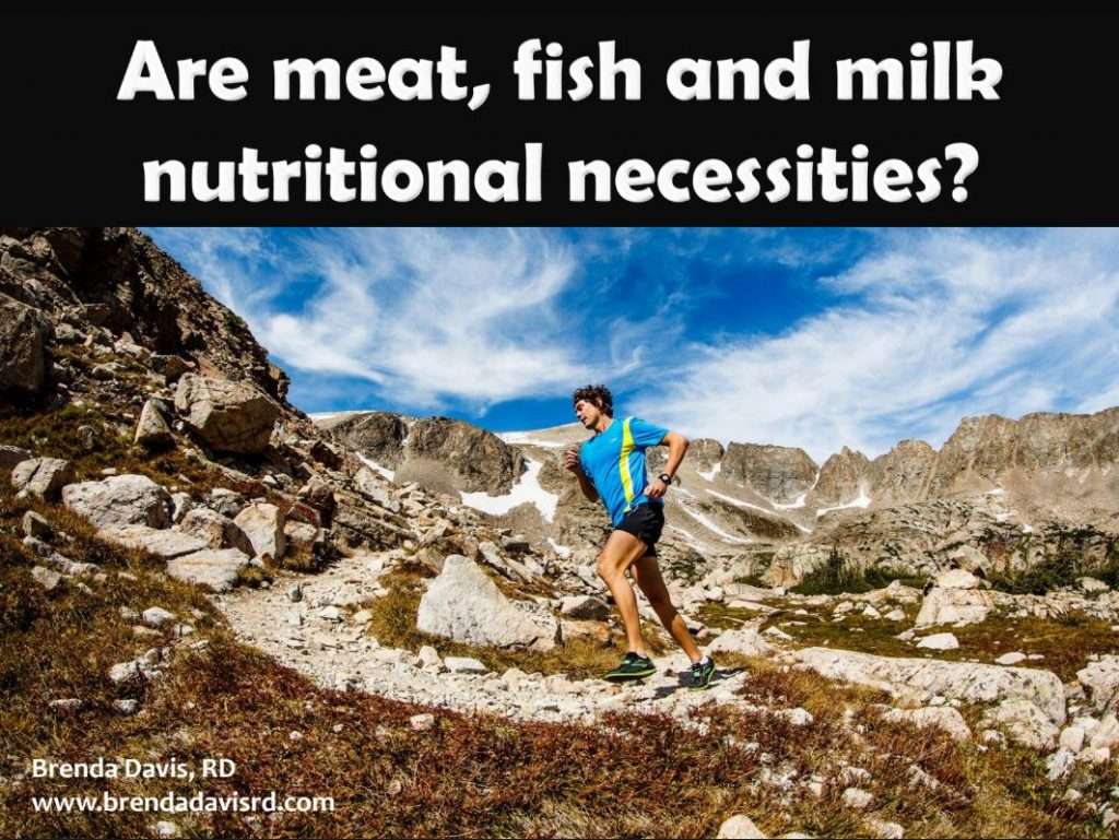 A person in athletic gear runs on a rocky trail in a mountainous landscape. The sky is partly cloudy. Text at the top reads, Are plant-based foods nutritional necessities? with a website URL at the bottom.