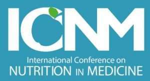 Logo for the International Conference on Nutrition in Medicine. The acronym ICNM stands prominently in white on a blue background, with a green leaf creatively integrated into the C, symbolizing its focus on plant-based nutrition. The full event name appears below in smaller white text.