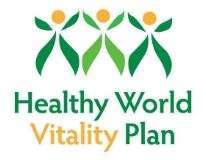 Logo featuring three abstract human figures in green with yellow dot heads, forming plant-like shapes, symbolizing a plant-based ethos. Below, the text reads Healthy World Vitality Plan, with Vitality in orange and the rest in green.