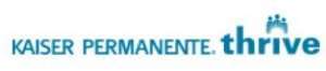 Logo featuring the text KAISER PERMANENTE in blue, followed by a blue word thrive with three stylized human figures above the v, symbolizing a vibrant, plant-based lifestyle.