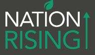 Logo with the words Nation Rising in white and green on a dark background. A green leaf, hinting at a vegetarian theme, is above the letter I in Nation, and an upward-pointing arrow replaces the I in Rising.