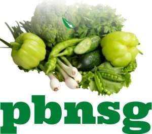 A variety of green vegetables, including bell peppers, broccoli, cucumbers, onions, and leafy greens, are displayed above the bold green letters pbnsq. A small pea pod logo sits above this plant-based text.