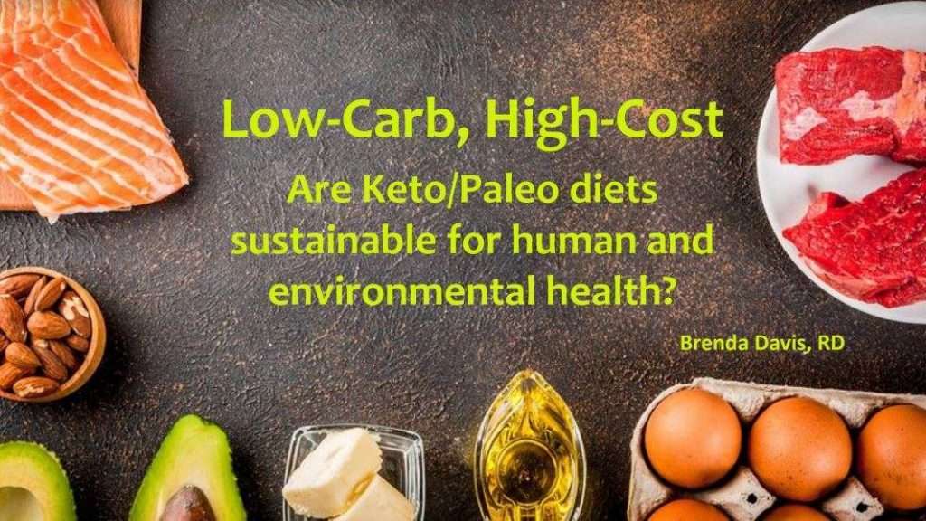A variety of foods, including salmon, almonds, avocados, eggs, beef, and butter, are displayed on a dark surface. Text reads, Low-Carb or Plant-Based? Are Keto/Paleo diets sustainable for human and environmental health? by Brenda Davis, RD.