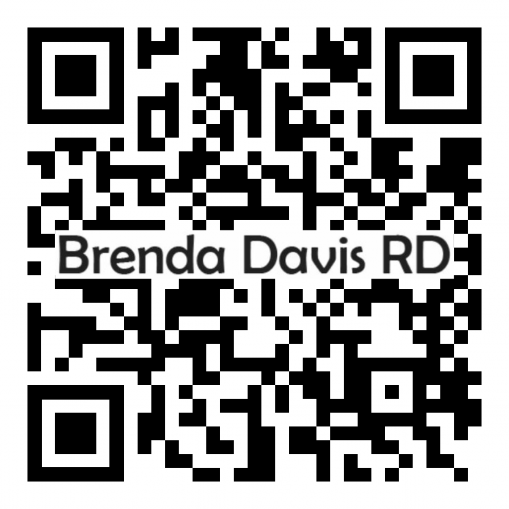 A sleek QR code proudly displays Brenda Davis RD at its center, seamlessly connecting you to insights from a renowned vegan dietitian.