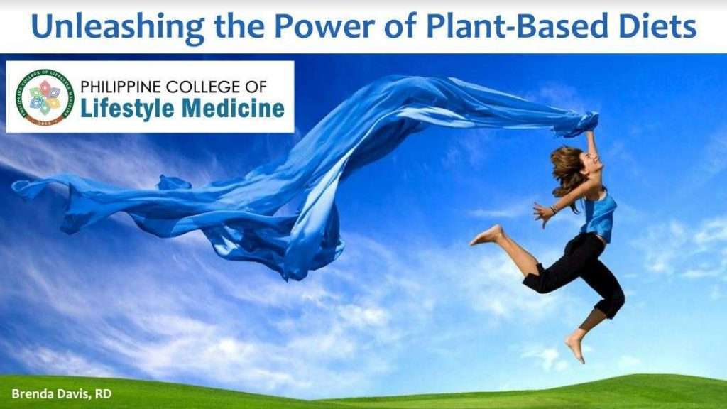 A woman in black leaps joyfully, gripping a flowing blue fabric. The text reads, Unleashing the Power of Plant-Based Diets. A logo for the Philippine College of Lifestyle Medicine sits in the corner, celebrating the vitality that a vegetarian lifestyle offers.