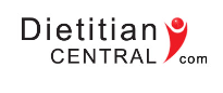 Logo with the text Dietitian Central.com, featuring a stylized red figure in an upward pose between Central and com, reflecting a plant-based focus.