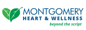 Logo of Montgomery Heart & Wellness featuring two green leaves forming a heart shape on the left. The text reads MONTGOMERY HEART & WELLNESS with the tagline beyond the script underneath in green, reflecting its focus on vegan and vegetarian lifestyles.