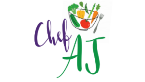 The image showcases the text Chef AJ in stylized purple and green font. Above it, a vibrant illustration depicts a bowl brimming with vegetables like tomato, carrot, and zucchini, alongside a fork—perfectly capturing the essence of vegan cuisine.