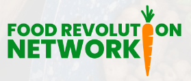 Logo of the Food Revolution Network with a carrot design replacing the i in revolution. The playful carrot nods to their plant-based mission, set against a blurred background.