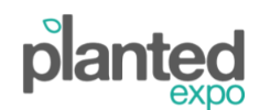 Logo with the word planted in gray, featuring a small green leaf above the letter a, evoking a plant-based feel. The word expo is in smaller teal text at the bottom right.