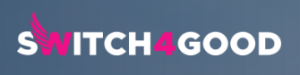 Logo with text SWITCH4GOOD on a gradient blue background. The S is stylized with pink wings, and the number 4 is also in pink, embodying a plant-based ethos.