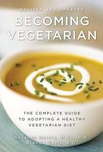 Cover of Becoming Vegetarian featuring a bowl of yellow soup garnished with a swirl of cream and chopped chives. Text: Revised and Updated - The Complete Guide to Adopting a Healthy Plant-Based Diet by dietitians Vesanto Melina, M.Sc., R.D., and Brenda Davis, R.D.