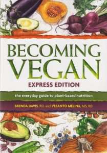Cover of Becoming Vegan: Express Edition, featuring colorful illustrations of various vegetables like squash, carrots, and broccoli around the book title. Celebrated dietitians and co-authors Brenda Davis and Vesanto Melina are noted on this essential guide to plant-based living.