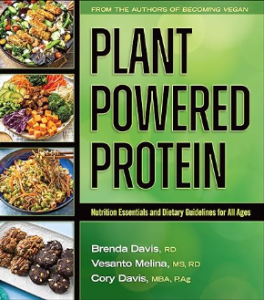Book cover titled Plant Powered Protein by Dietitian Brenda Davis, Vesanto Melina, and Cory Davis. Showcases vibrant images of plant-based dishes like salads, noodle bowls, and grains. Text highlights vegetarian nutrition essentials and guidelines for all ages.