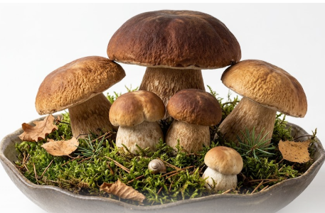 Assorted brown mushrooms with tan caps nestled in a shallow bowl on green moss, echoing the “So Many Mushrooms!” theme.
