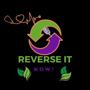 A logo with two circular arrows, an orange stethoscope with a heartbeat line, and a glucose meter. The text reads REVERSE IT NOW! against a black background, accented by leaves below—perfect for promoting vegan lifestyles.
