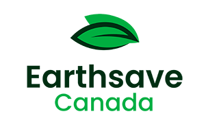 Logo of Earthsave Canada featuring two overlapping green leaves, symbolizing a plant-based lifestyle, above the text. Earthsave is written in bold black letters, and Canada is in green below it.