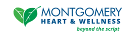 Logo for Montgomery Heart & Wellness featuring two green leaves forming a heart shape on the left. The text MONTGOMERY HEART & WELLNESS and the slogan beyond the script reflect its plant-based philosophy on the right.