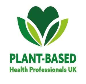 Logo of Plant-Based Health Professionals UK. It features a stylized green heart with two leaves forming a lotus shape, reflecting their commitment to vegan living, above the text Plant-Based Health Professionals UK in bold green letters.