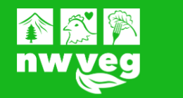 Green logo featuring three white icons: a mountain with a tree, a chicken head, and a fork with lettuce. Below the icons, the text nwveg appears in bold white, emphasizing its plant-based focus, above two stylized leaves.