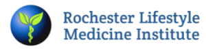 Logo of the Rochester Lifestyle Medicine Institute. It features a blue circle with green leaves symbolizing a plant-based approach, and a yellow medical caduceus, followed by the institutes name in blue text.