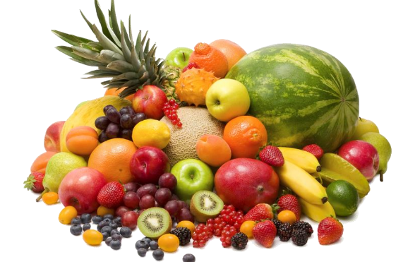 A colorful assortment of fruits including a watermelon, pineapple, apples, bananas, oranges, strawberries, grapes, kiwi, and more. This vibrant and nutritious mound is perfect for any vegan spread or recommended by dietitians for its rich variety of shapes and colors.