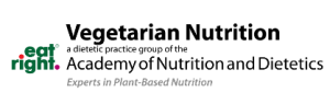 Logo for Vegetarian Nutrition, a dietetic practice group of the Academy of Nutrition and Dietetics. Featuring the tagline Experts in Plant-Based Nutrition, the phrase eat right is in green with a dot for the i, emphasizing right and promoting a healthy vegan lifestyle.