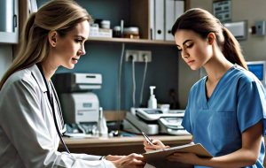 A doctor in a white coat discusses a plant-based diet with a nurse in blue scrubs, both focused on a clipboard the nurse is holding. They are in a medical office with equipment and supplies visible in the background.