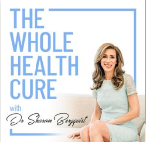 Podcast cover image with The Whole Health Cure with Dr. Sharon Bergquist in blue text. A dietitian sits on a light-colored sofa, wearing a light blue dress, against a white background, embodying the essence of health and wellness.