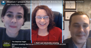 Three people are visible on a video call. The woman in the center, possibly a dietitian, is smiling and wearing a red jacket. The two individuals on either side of her are also smiling. Closed captions appear at the bottom.