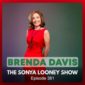 A woman in a red dress smiles against a gradient background. Text reads Brenda Davis, Dietitian and The Sonya Looney Show, Episode 381.