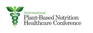 Logo for the International Plant-Based Nutrition Healthcare Conference. Features a green plant intertwined with a caduceus symbol on the left and the conference name in black text on the right.