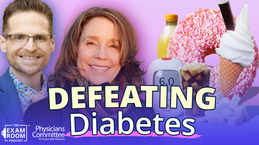 Podcast cover titled Defeating Diabetes features two smiling individuals on a purple background. Images of sugary foods, a glucose meter, and a Physicians Committee logo are also included.