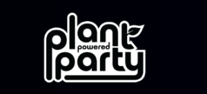 Logo with the words plant powered party in stylized white letters on a black background. The word plant has a small leaf attached to the letter t.