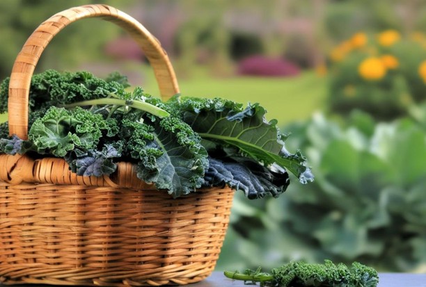 A wicker basket filled with freshly picked kale leaves sits on a table with a blurred garden in the background. The leafy greens spill over the basket’s edge, highlighting their ruffled texture.