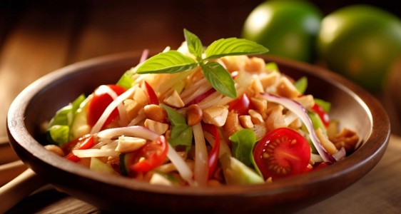 A wooden bowl of fresh salad with cherry tomatoes, sliced red onions, lettuce, chopped nuts, and a sprig of basil, with two limes in the background on a rustic wooden surface.