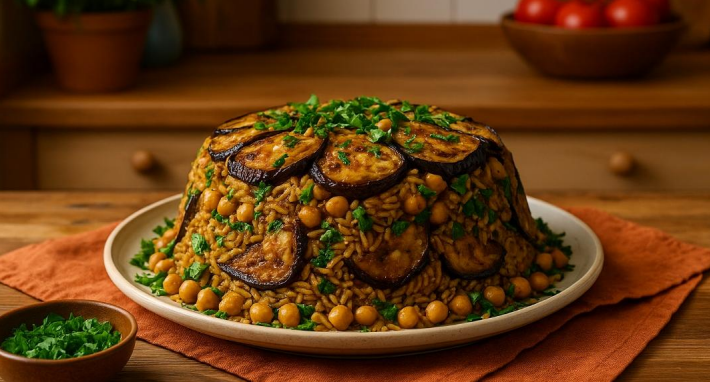 A large dish of rice topped with eggplant slices and chickpeas, garnished with fresh herbs on a wooden table.