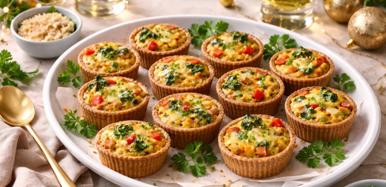 Baked mini quiches in crusts, filled with vegetables and herbs, arranged on a white platter.