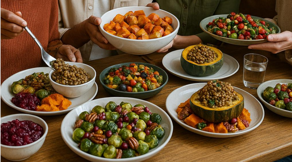 A variety of colorful dishes featuring lentils, roasted vegetables, and salads arranged on a wooden table.