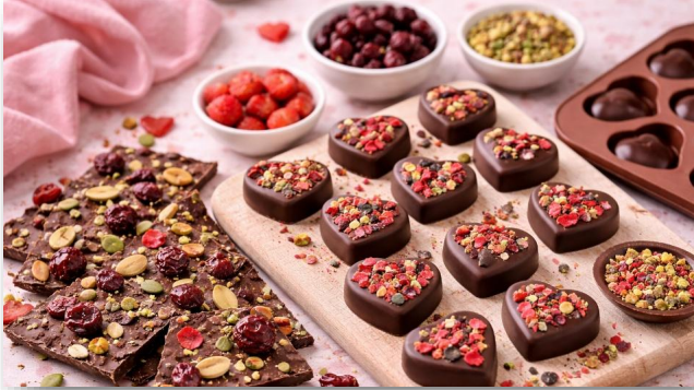 Assorted chocolate heart-shaped treats topped with nuts and dried fruits on a wooden board with chocolate bark and bowls of berries.